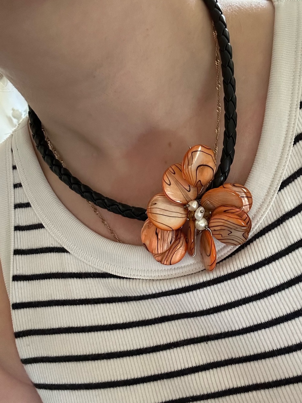 4/$20 Statement Flower Cord Necklace – Orange & Black Beaded Flower